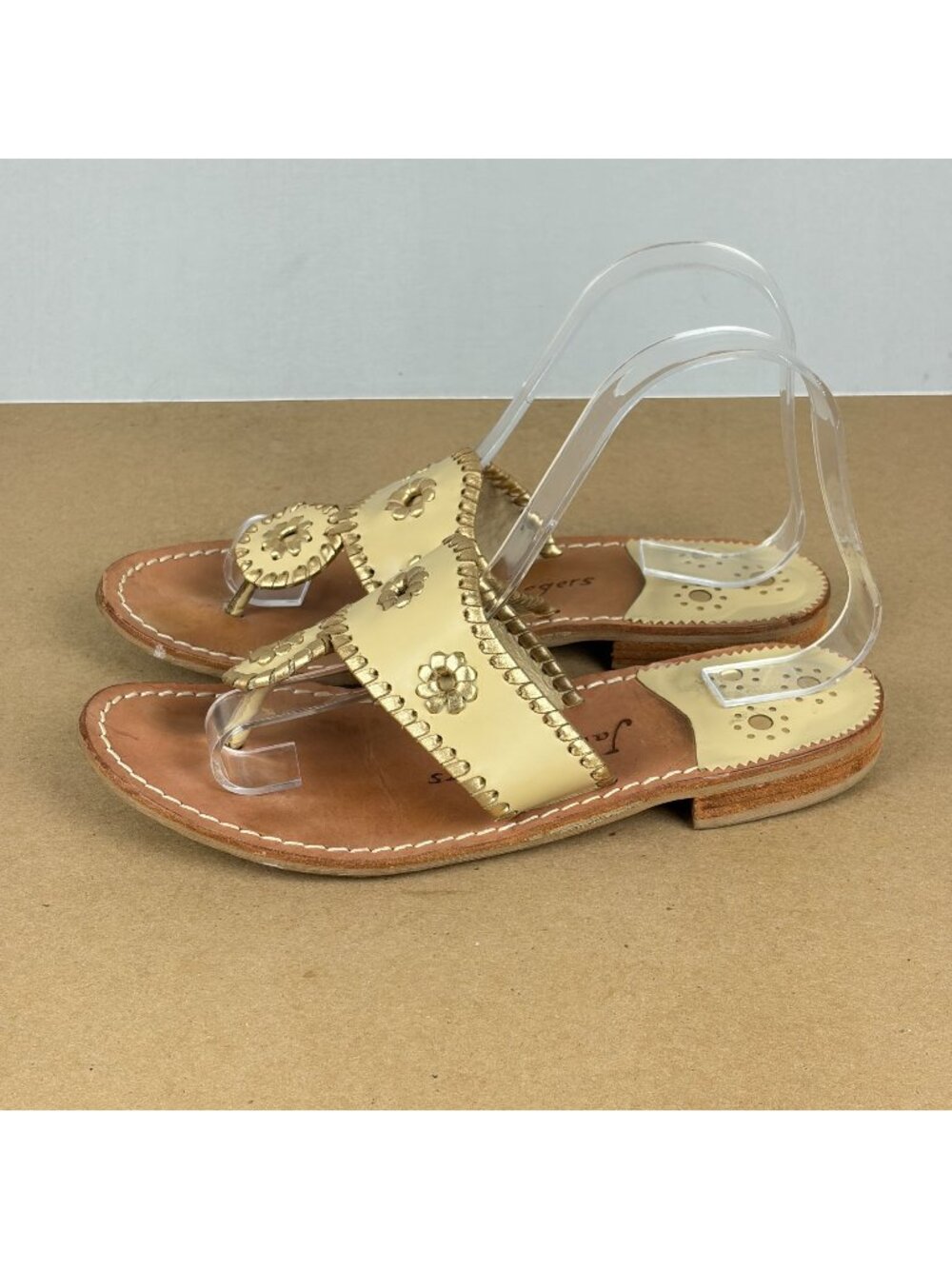 Jack Rogers Nantucket Leather Thong Sandals Womens 7 Cream Gold Slip On Casual